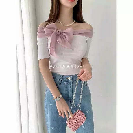 现货~Onoev 24夏季女撞色拼接蝴蝶结绑带修身露肩洋气上衣商品大图