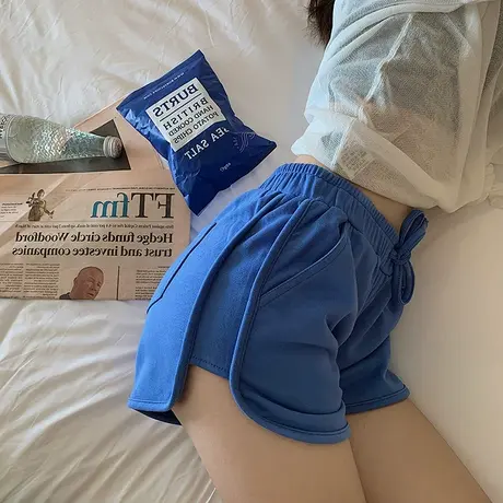 居家休闲方便显腿长纯色超短裤女高腰松紧包臀运动热裤前短后长夏图片