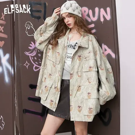 妖精的口袋重工蕾丝草莓印花外套女2025年早秋新款设计感收腰上衣图片