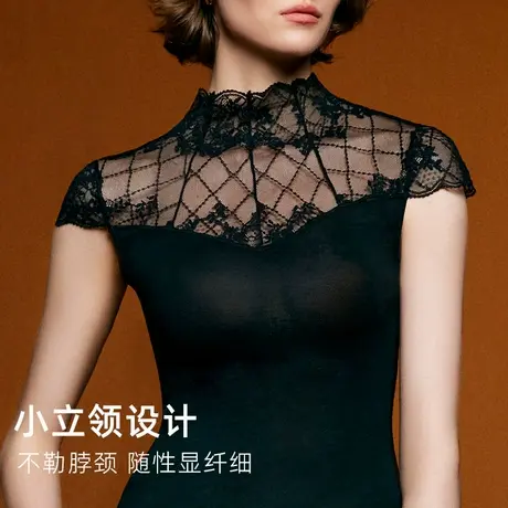 美奈川新中式保暖内衣女天丝羊毛亲肤修身蕾丝小高领打底衫秋上衣商品大图