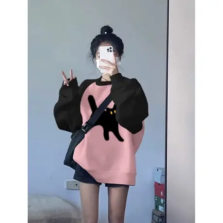 拼接设计感小众圆领卫衣女秋季百搭宽松显瘦撞色插肩袖薄款上衣潮商品大图