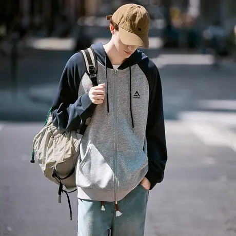 唐狮春秋季新款男连帽外套插肩袖休闲百搭拉链开衫上衣潮简约tu商品大图