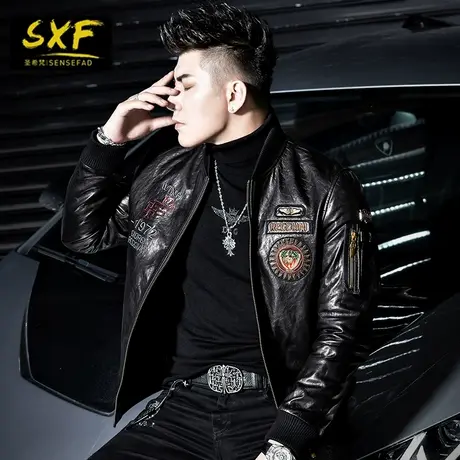 SXF圣希梵真皮皮衣男 棒球领加厚机车刺绣夹棉山羊皮夹克外套男潮商品大图