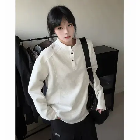 白灰色亨利领正肩长袖t恤男秋季美式解构拼接重磅卫衣立领打底衫商品大图