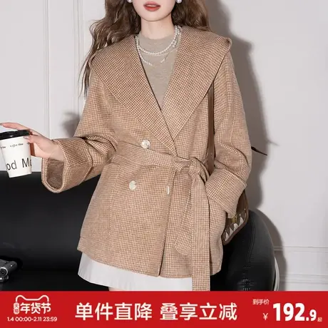 唐狮秋冬千鸟格羊毛大衣女小个子高级感呢子外套女加厚保暖潮图片