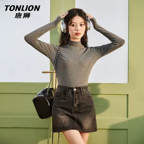 唐狮灰色半高领打底衫2026新款女秋冬季小个子修身显瘦长袖t恤VB商品大图