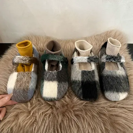 法式平底小众玛丽珍毛毛棉鞋女鞋子外穿2023年秋冬季加绒豆豆单鞋商品大图