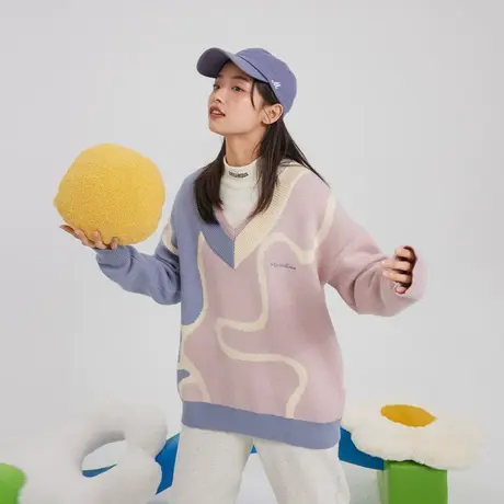 尔给日系套头假两件V领毛衣女2022年新款设计感小众上衣冬季外穿商品大图