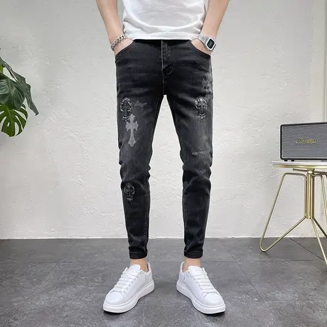 秋冬流行2023新品男款牛仔裤潮牌男韩版休闲修身小脚黑色牛仔长裤商品大图