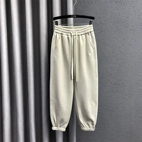 简约风加绒束脚裤女2023秋冬新款个性字母刺绣高腰卫裤九分哈伦裤图片