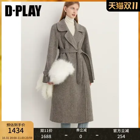DPLAY2023年冬新气质通勤大翻领插肩袖直身系带双面呢大衣商品大图