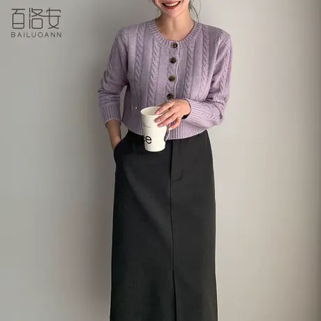 百洛安短款针织外套女厚外搭开衫秋新款时尚复古圆领长袖麻花毛衣图片