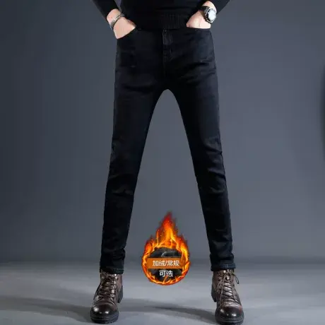黑色加绒牛仔裤男冬季修身小脚2023新款爆款弹力加厚保暖男士长裤图片