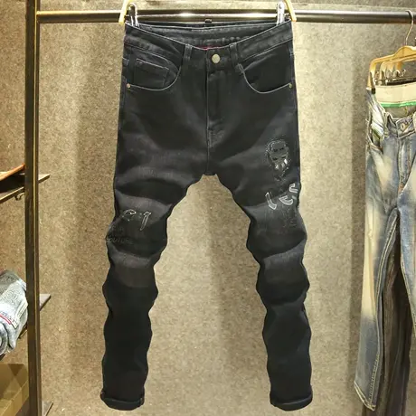 欧洲站烫钻男士牛仔裤秋冬款修身小脚裤子潮牌韩版百搭印花小黑裤商品大图