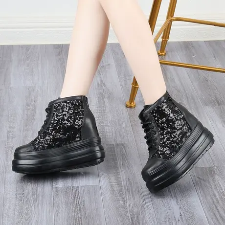 2023年新款内增高女鞋10CM亮片圆头休闲厚底坡跟旅游高帮运动鞋潮商品大图