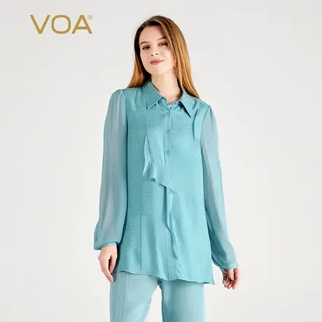 VOA桑蚕丝暗纹提花水蓝polo领灯笼长袖单排扣活页通勤真丝衬衫图片