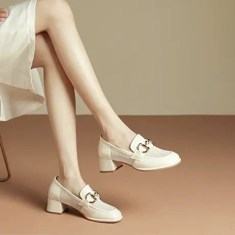 英伦风小皮鞋女复古百搭2024夏新款圆头中跟粗跟透气网纱乐福单鞋图片