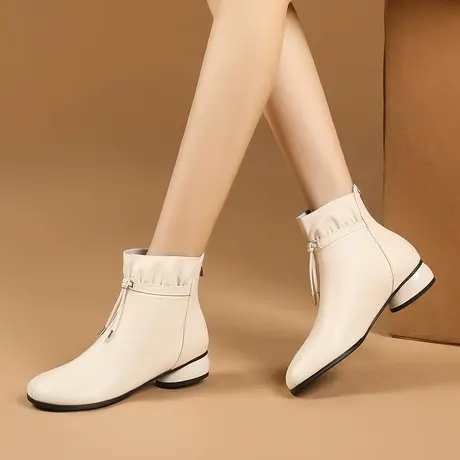 牛皮短靴女2023新款秋冬季低跟女靴百搭粗跟时尚真皮女式白色鞋靴商品大图