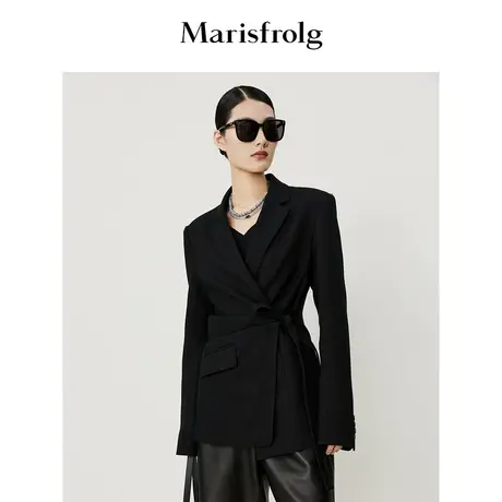 【意大利进口面料】玛丝菲尔秋季黑色收腰系带设计感西装图片