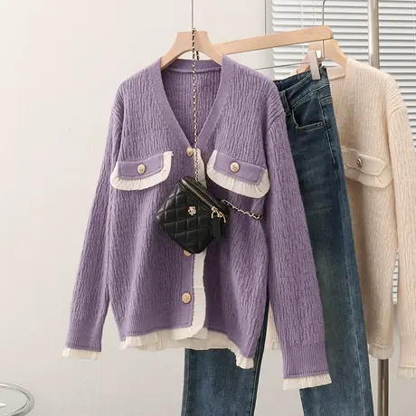 23072新款女士开衫毛衣外套宽松长袖针织衫百搭V领小香风上衣图片