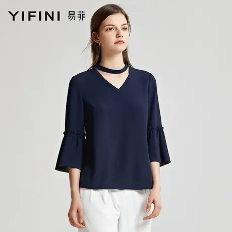 Yifini/易菲夏季新款七分袖荷叶袖宽松套头V领雪纺衬衫女上衣商品大图