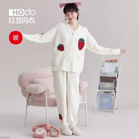 红豆绒女士睡衣秋冬季半边绒抗静电珊瑚绒保暖加绒加厚居家服套装商品大图