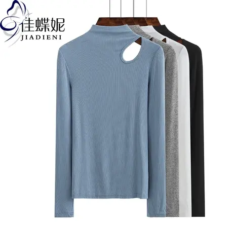 秋冬韩版半高领纯棉修身露肩镂空长袖体恤打底衫纯色上衣女装T恤商品大图
