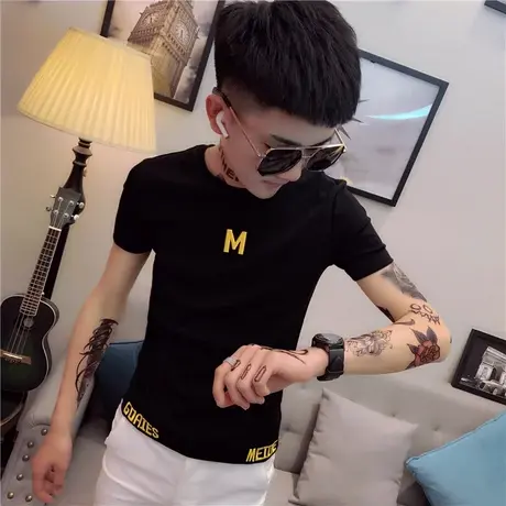 夏季短袖T恤男韩版修身社会小伙ins网红潮流紧身潮牌刺绣半截袖图片