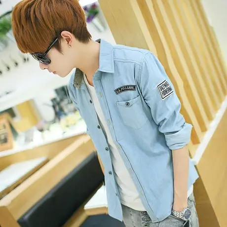 春夏季男士长袖牛仔衬衫青少年韩版修身纯色学生衬衣薄款外套男潮商品大图