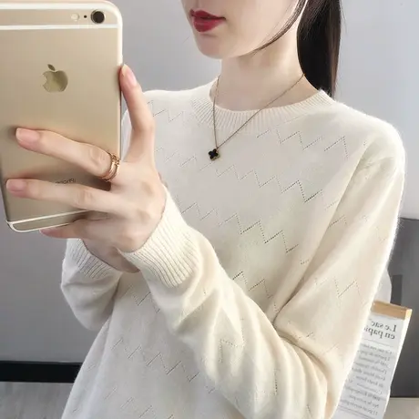 2023春秋新款韩版宽松圆领针织衫女士百搭套头毛衣上衣纯色打底衫商品大图