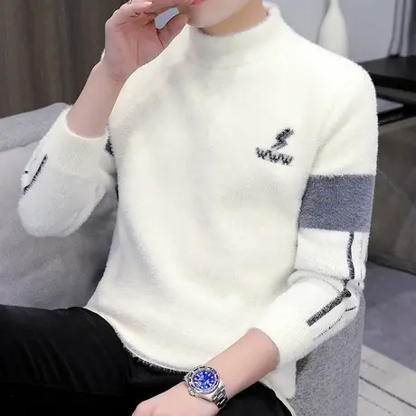 秋冬季男士新款半高领加厚毛衣韩版潮流针织衫学生保暖水貂绒线衣商品大图