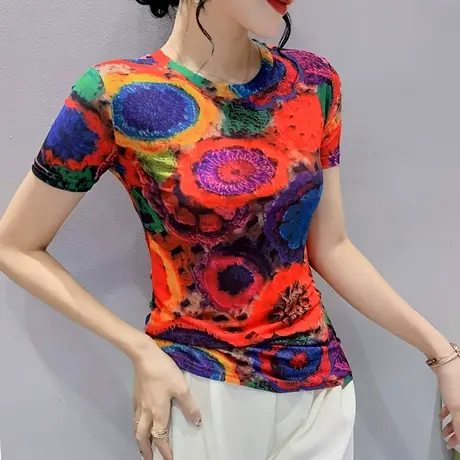 撞色T恤女短袖2023夏季新款网纱打底衫欧货设计感印花漂亮上衣ins商品大图