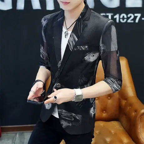 夏季七分袖小西装男韩版防晒镂空男士外套中袖薄款上衣服西服外套商品大图