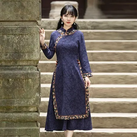 秋冬旗袍加厚长袖复古女士棉麻连衣裙改良时尚修身显瘦中国风长裙商品大图