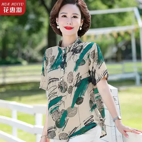 妈妈夏装短袖衬衫中老年女印花T恤上衣小衫40岁50中年洋气打底衫商品大图