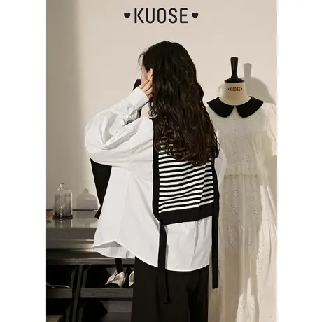 阔色条纹拼接假两件宽松针织衫女2023新款春季长袖白衬衫上衣商品大图