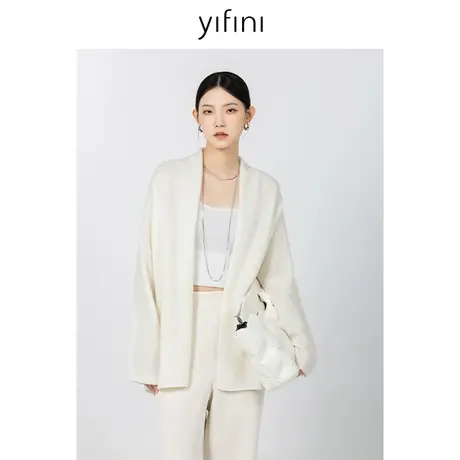 Yifini/易菲绵羊毛宽松毛织外套女春秋新款白色慵懒风针织衫商品大图