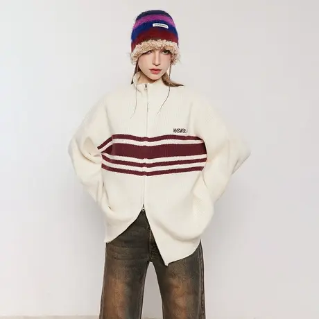 设计感条纹毛衣女春秋2024年新款美式复古针织衫宽松立领开衫外套图片