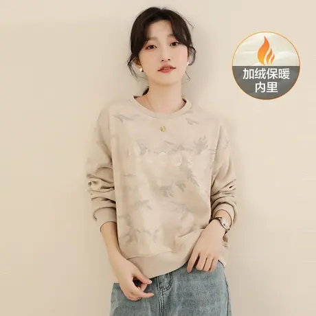 韩潮袭人复古圆领字母刺绣卫衣女2023冬新款宽松加绒百搭头套T恤商品大图