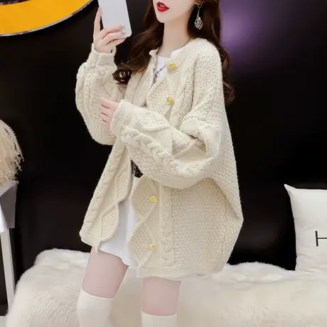 设计感不规则麻花毛衣开衫女2024新款春季宽松慵懒风加厚针织外套图片