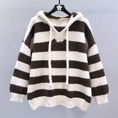 慵懒风撞色条纹连帽毛衣外套女秋冬2023新款宽松加厚外穿针织上衣商品大图