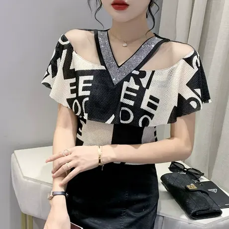 网纱荷叶边上衣女短袖性感拼接小衫欧货时尚V领印花洋气T恤半袖潮商品大图