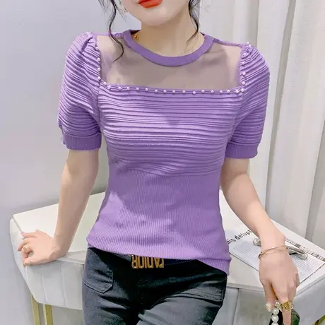 网纱拼接针织短袖女欧货性感镂空T恤洋气泡泡袖上衣时尚钉珠小衫图片