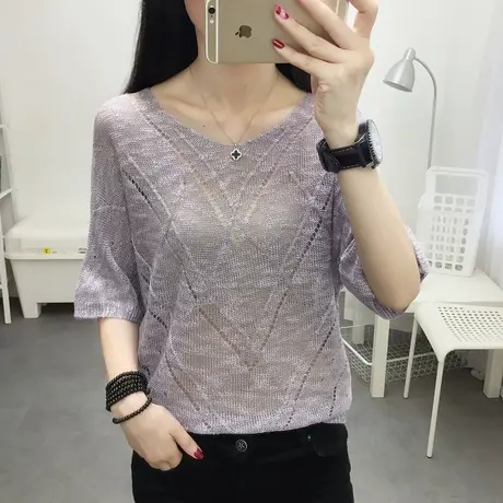 2020新款夏装套头短袖镂空针织衫女薄宽松罩衫洞洞上衣韩版蝙蝠衫商品大图