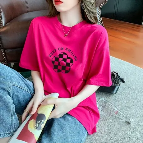 火龙果色t恤女2024新款夏季短袖别致正肩设计感中长款宽松上衣ins商品大图