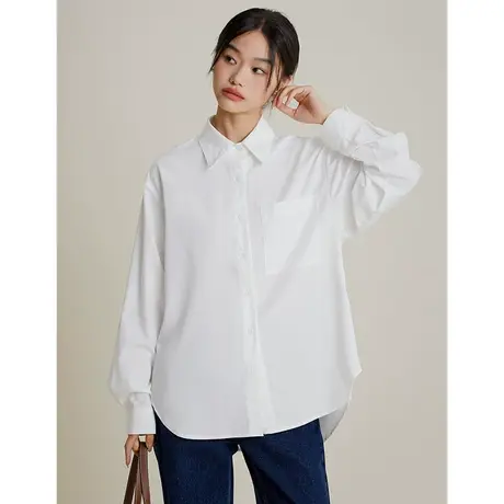 弥古2025春季女装慵懒风宽松白色衬衫女上衣长袖休闲口袋粉色衬衣商品大图