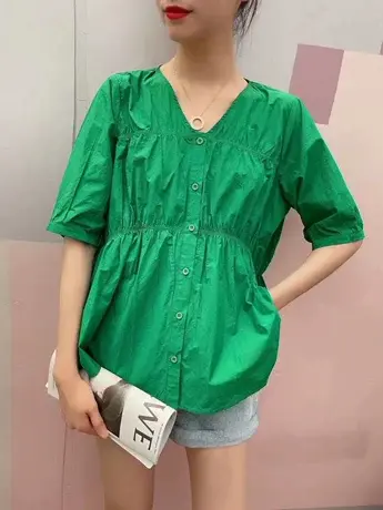 欧洲站2023夏季短袖v领褶皱娃娃衫上衣女韩版宽松显瘦绿色衬衣潮商品大图