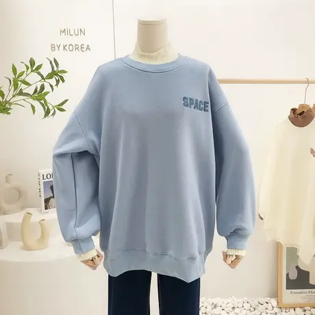 2021秋冬新款韩国东大门简约刺绣字母百搭毛衣领加绒卫衣包臀大码商品大图