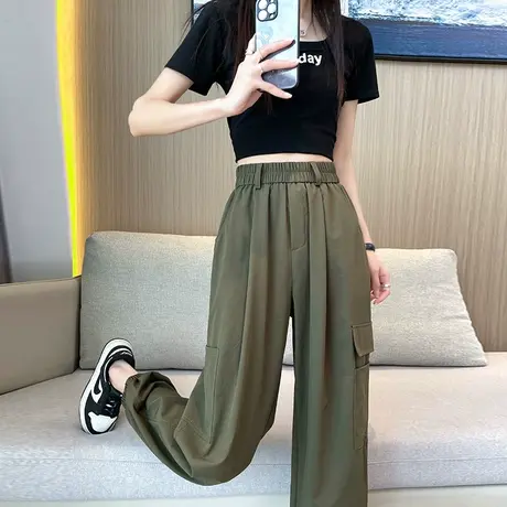 速干军绿色工装裤女夏季薄款高腰宽松休闲运动哈伦束脚冰丝灯笼裤图片