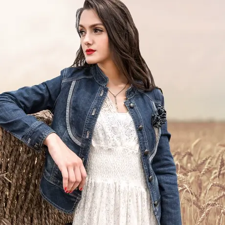 牛仔外套女短款复古港风牛仔衣百搭时髦胸花立领修身设计感夹克衫商品大图